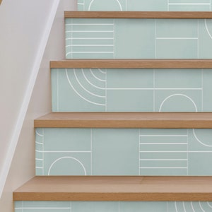 Boho Geometric Topsail Stair Riser Stickers - Pack of 6 Removable Stair Riser Tile Decals - Peel & Stick Stair Riser Deco Strips - 48&quot; long