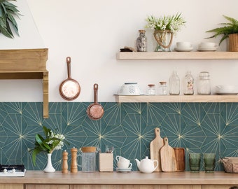 Water Lily Turquoise Hexagon Tiles Backsplash Peel and Stick in Roll - Wall Decor - Backsplash Decals - Self Adhesive Vinyl Wallpaper
