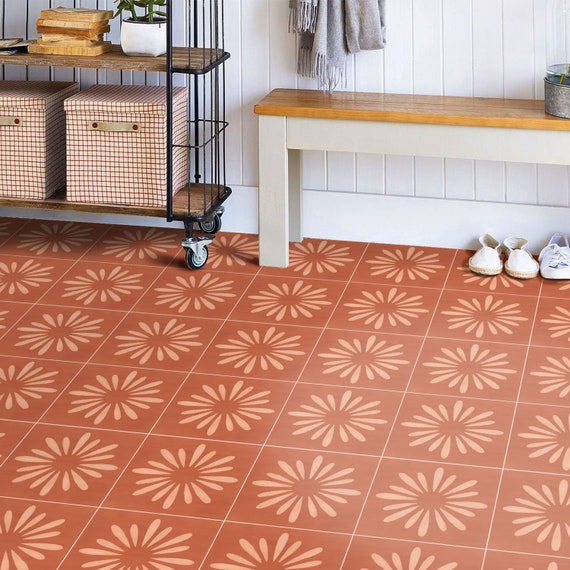 Boho Floral Terracotta Floor Tile Sticker Panel, Peel and Stick