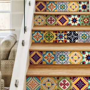 Talavera Stair Riser Stickers - Pack of 6 Removable Stair Riser Tile Decals - Peel & Stick Stair Riser Deco Strips - 48" long