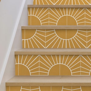 Sun Tile Stair Riser Stickers - Pack of 6 Removable Stair Riser Tile Decals - Peel & Stick Stair Riser Deco Strips - 48" long