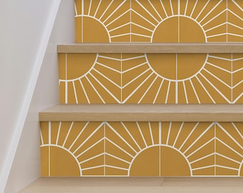 Sun Tile Stair Riser Stickers - Pack of 6 Removable Stair Riser Tile Decals - Peel & Stick Stair Riser Deco Strips - 48" long