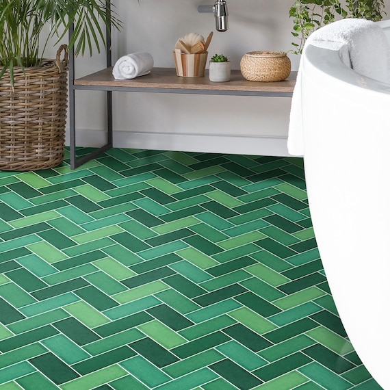 Herringbone Green Floor Tile Sticker Panel Peel and Stick Etsy