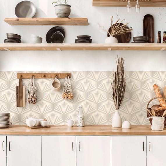 Boho Lines Beige Kitchen and Bathroom Backsplash Panel, Removable