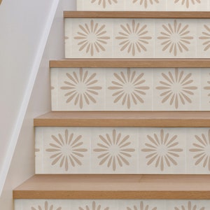 Boho Floral Neutral Stair Riser Stickers - Pack of 6 Removable Stair Riser Tile Decals - Peel & Stick Stair Riser Deco Strips - 48&quot; long