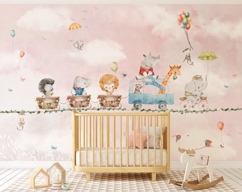 Play Trip Pink Wall Mural, Removable Wallpaper, Peel and Stick, Traditional Wallpaper, Animals, Balloons, Sky, Clouds, Kids, Nursery Decor