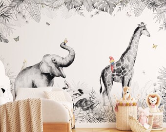 Jungle Walk Wall Mural, Removable Wallpaper, Peel and Stick, Traditional Wallpaper, Tropical Leaves Wallpaper, Animals Wall Mural