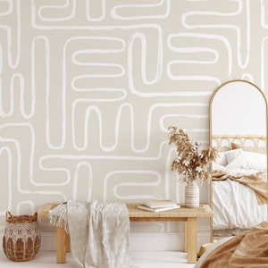 Abnehmbare Tapete Zen-Garten, selbstklebend, Schälen und Aufkleben, Wandbild, Traditionelle Tapete, Boho Neutrals, Abstrakte Linien, Boho Cream