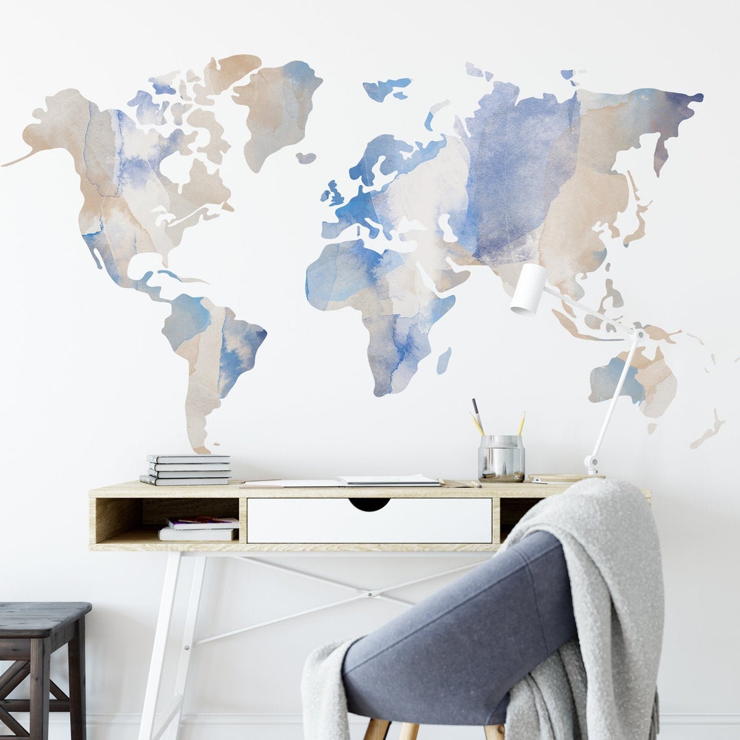 Watercolour World Map Wall Sticker, Modern Room Decor, Removable Vinyl ...