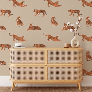 Friedliche Tiger Abnehmbare Tapete, Selbstklebende Tapete, Schälen und Aufkleben, Wandbild, Traditionelle Ungeklebte Tapete, Tiger Tapete