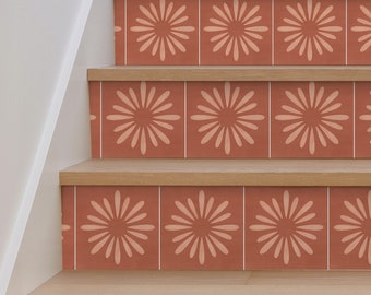 Boho Floral Terracotta Stair Riser Stickers - Pack of 6 Removable Stair Riser Tile Decals - Peel & Stick Stair Riser Deco Strips - 48" long