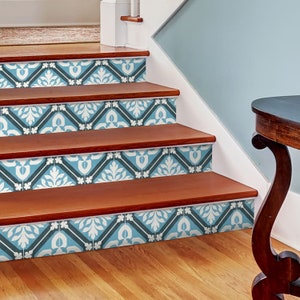 Tangier Blue Stair Riser Stickers - Pack of 6 Removable Stair Riser Tile Decals - Peel & Stick Stair Riser Deco Strips - 48&quot; long