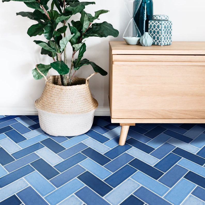 Herringbone Blue Floor Tile Sticker Panel Peel and Stick Etsy