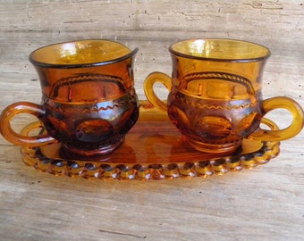 Vintage Indiana Glass Kings Crown Thumbprint 3 Piece Creamer and Sugar Set / Amber Glass / Creamer, Sugar, and Tray / Kings Crown Thumbprint