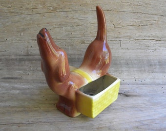 Vintage Dachshund Yellow Planter / Ceramic Dachshund Catch All / Coin Holder / Vintage Dog Planter / Weiner Dog