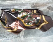 Vintage Horse Print Brown Square Scarf Equestrian Print Black Brown Gold Horses Horseback Riding Vintage Brown Scarf