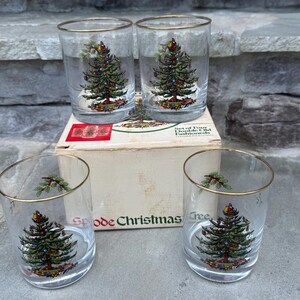 Vintage Spode Christmas Double Old Fashioned Glasses / Set of 4 Glasses / Original Box / Gold Trim / Christmas Tree / Holiday Bar Ware