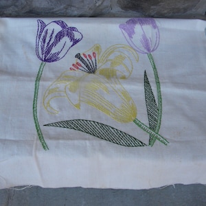 Vintage Bright Floral Needlepoint Piece / Floral Embroidery / Pillow Front / Purple Yellow  Green / Retro Needlepoint Piece