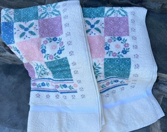 Vintage Deadstock Patchwork Print Bath Towels / by JC Penney Home Collection / Made in USA / Set of 2 / Pink Blue Green Floral Patchwork