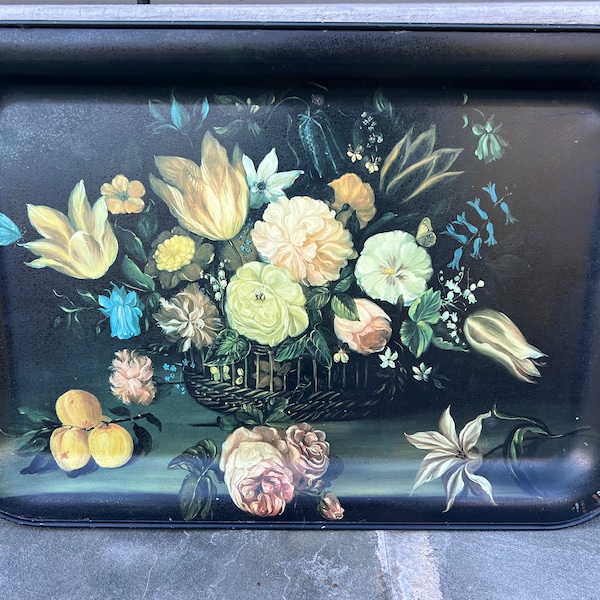 Retro Floral Black Metal Serving Tray / Tole Look Flowers / Kitchen Tray / Decorative Tray / 19 x 14 inches