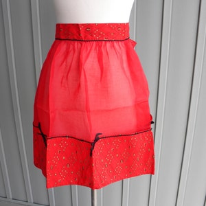 Vintage Handmade Bright Red Sheer Kitchen Apron / Retro Half Apron / Farmhouse / Country / Red Kitchen / Craft Apron