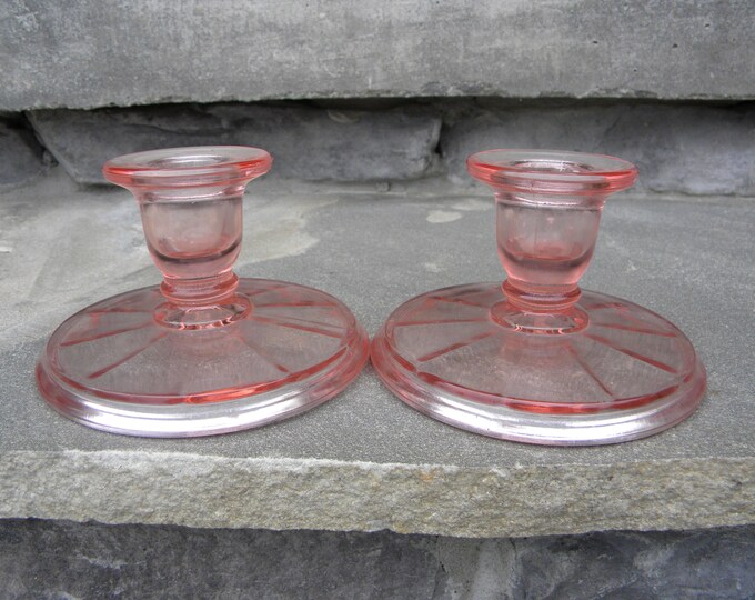 Pink Depression Glass Candlesticks / Set of 2 / Optic Pink Etsy
