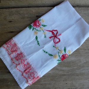 Vintage Handmade Pillowcase with Lace and Embroidery / Pink Lace Trim / Pink & Yellow Floral Embroidery / Standard Size