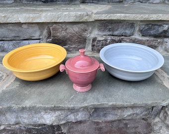Vintage Fiesta Ware (Older) Nappy Bowls and Sugar Bowl / Gray, Rose, Yellow / 1950&#39;s Homer Laughlin Co Fiesta Ware