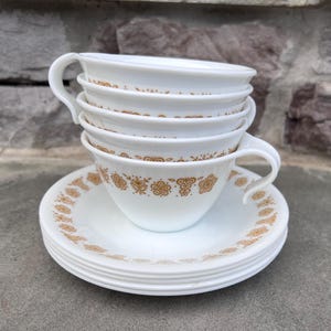 Vintage Corelle Butterfly Gold Coffee Cups and Saucers / 5 Cups and 5 Saucers / Hook Handle / Butterfly Gold Cups / 1970&#39;s Butterfly Gold