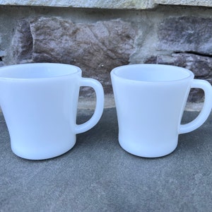 Vintage White Milk Glass Mugs / by Glasbake / Retro Kitchen / Farmhouse Coffee Mugs / Milk Glass Coffee Cups