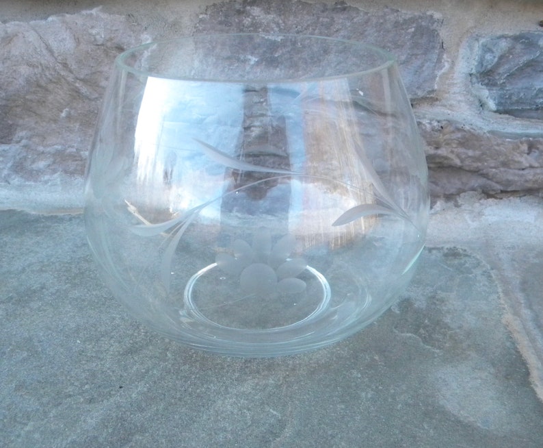 Vintage Etched Glass Snifter Vase Large Brandy Snifter Posy Vase Etched Glass Vase with Floral Pattern