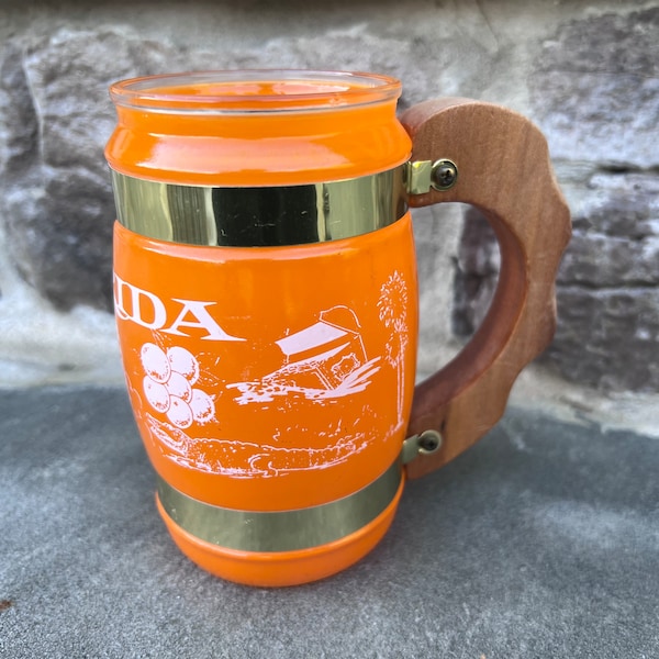 Vintage Florida Barrel Mug / by Siesta Ware / Orange Glass / Wood Handle / Vintage Souvenir Mug