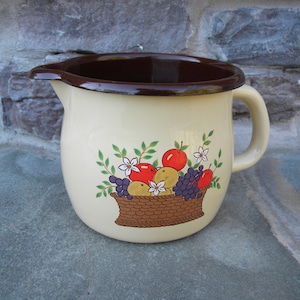 1986 FTD Enamelware Pitcher /  Fruit Basket Motif / Brown and Cream Enamelware / Farmhouse / Rustic / Enamelware Pitcher / Gravy Boat