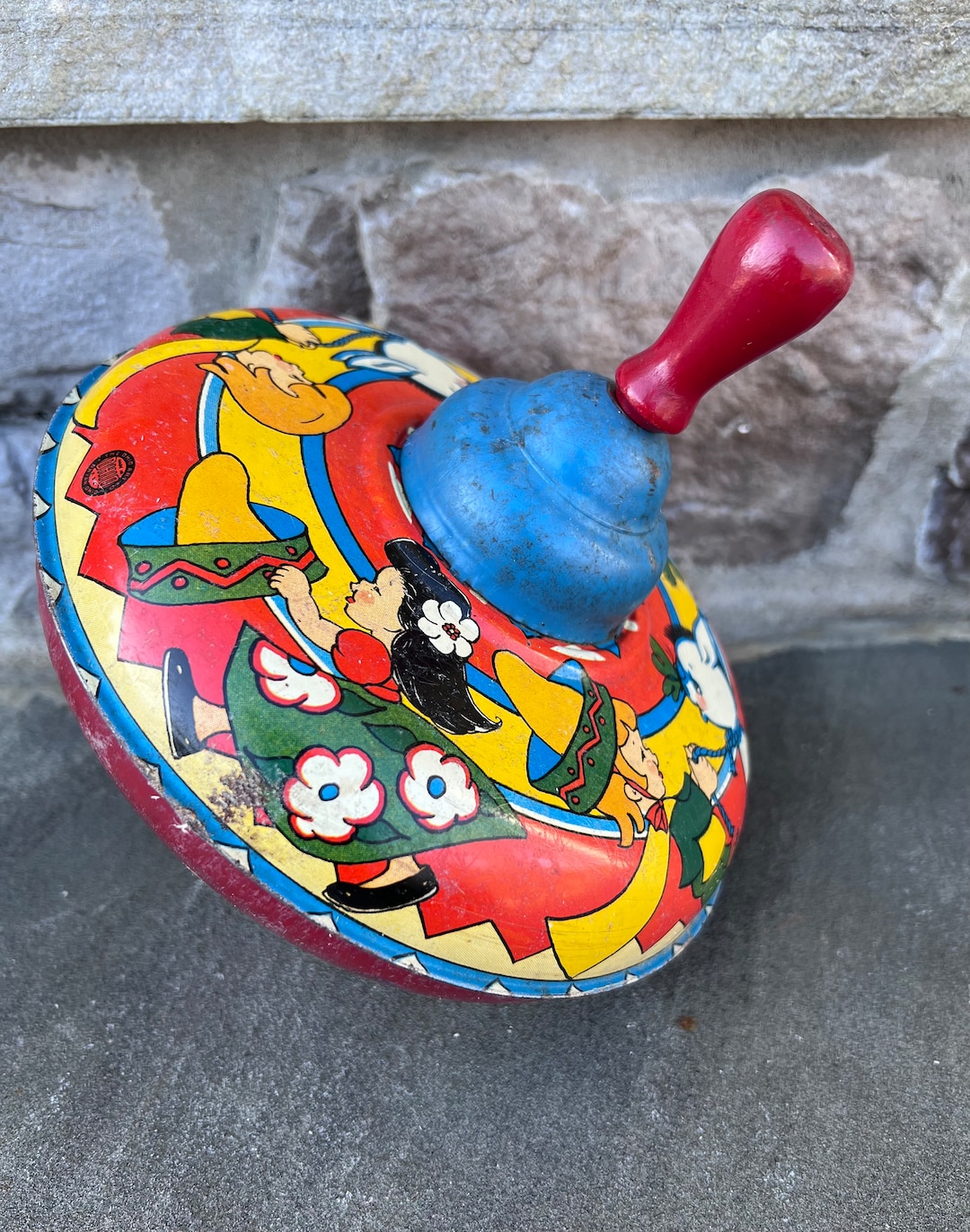 Vintage Metal Spinning Top / Retro Toy Spinning Top / Fiesta Themed