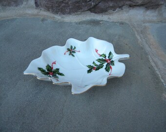 Lefton Christmas Leaf Shaped Dish / Boughs of Holly / Trinket Dish/ Candy Dish / Hand Painted