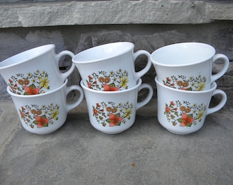 Set of 6 Corelle Flat Cups in Indian Summer Pattern / by Corning / Orange and Yellow Flowers / Corelle Indian Summer