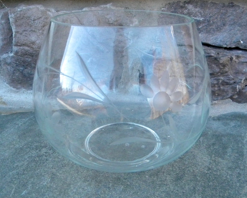 Vintage Etched Glass Snifter Vase Large Brandy Snifter Posy Vase Etched Glass Vase with Floral Pattern