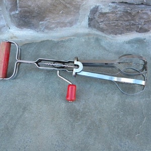 Vintage Egg Beater with Red Handle / Hand Crank / Retro Red Kitchen Utensils / Farmhouse Decor / Rustic Kitchen / Red Potato Masher