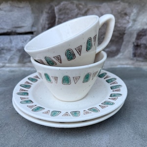 Metlox Poppy Trail Navajo Flat Cup & Saucer Set / Set of 2 / Made in California /  Metlox - Poppytrail - Vernon / Atomic / Aqua Brown