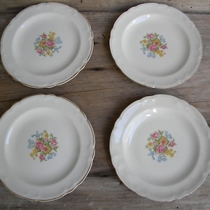 Vintage French Saxon China Dessert Plates / Made in USA / 22 KT. Gold Trim / Set of 4 / Vintage Floral Plates