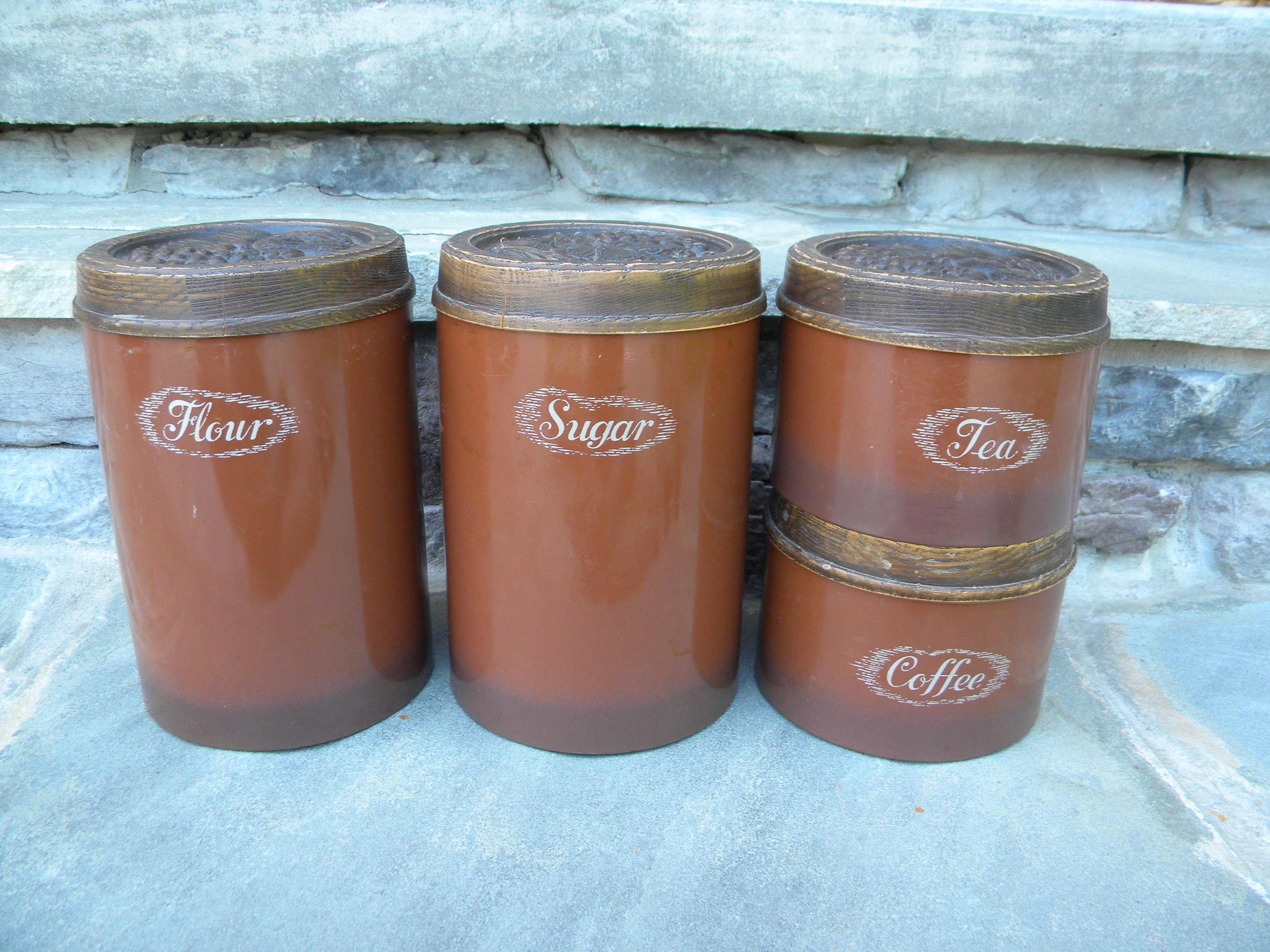 Brown Metal Canister Set / by Burlington / Made in USA / Retro Canister Set  / Farmhouse Kitchen / Retro Kitchen / Rustic / Country / Kitchen 