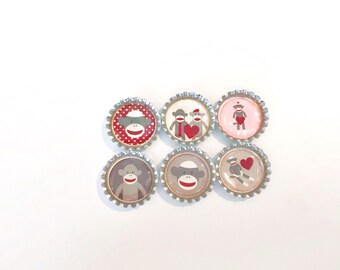 Sock Monkey Bottle Cap Magnets Set of 6