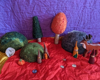 Felted trees, hills, and stones