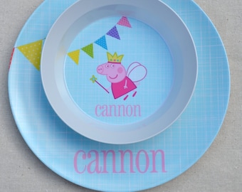 Personalized Melamine Plate + Bowl Set - Peppa The Pig