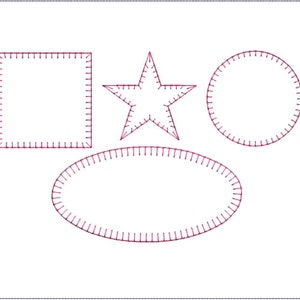 以下が含まれることがあります： 白い背景に、赤い輪郭で描かれた3つの形があります。正方形、星形、円形です。形は赤い糸で縫われています。