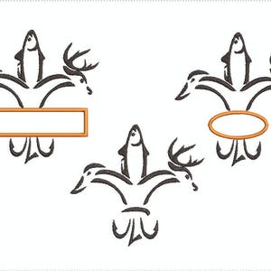 May include: Three black and white stylized images of a fleur-de-lis with a fish, deer, and duck design. The top image has a blank orange rectangle, the middle image has a blank orange oval, and the bottom image has no text.