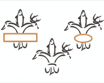 May include: Three black and white stylized images of a fleur-de-lis with a fish, deer, and duck design. The top image has a blank orange rectangle, the middle image has a blank orange oval, and the bottom image has no text.