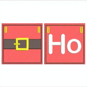 May include: Two red squares with white stitching around the edges. The left square has a brown belt with a gold buckle. The right square has the word "Ho" in white letters.