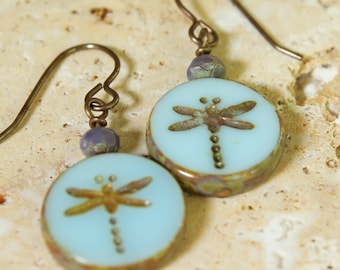 handmade earrings, glass bead earrings, blue earrings, handmade jewelry, beaded earrings, brass earrings, dragonfly earrings