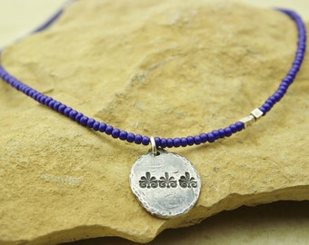 Deep royal blue glass seed beads and sterling silver unique handcrafted necklace